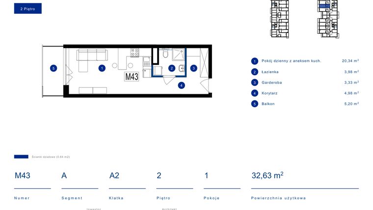 Rzut - Mieszkanie na sprzedaż 1 pokój o powierzchni 32,63 m² - numer 43A w Przy Bursztynowej