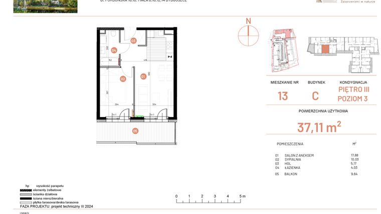 Rzut - Mieszkanie na sprzedaż 2 pokoje o powierzchni 37,11 m² - numer 16.13 w Osiedle Nowe Horyzonty etap II