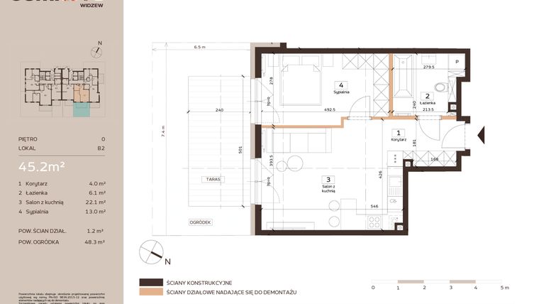 Rzut - Mieszkanie na sprzedaż 2 pokoje o powierzchni 45,2 m² - numer B2 w Domkove Widzew