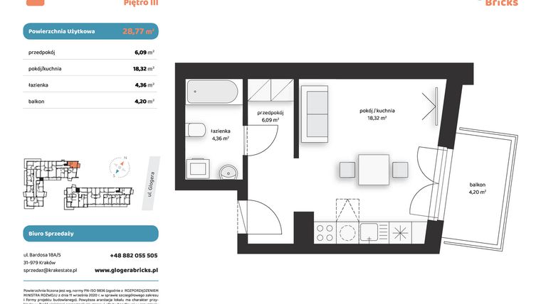 Rzut - Mieszkanie na sprzedaż 1 pokój o powierzchni 28,77 m² - numer M III.3.4 w Glogera Bricks