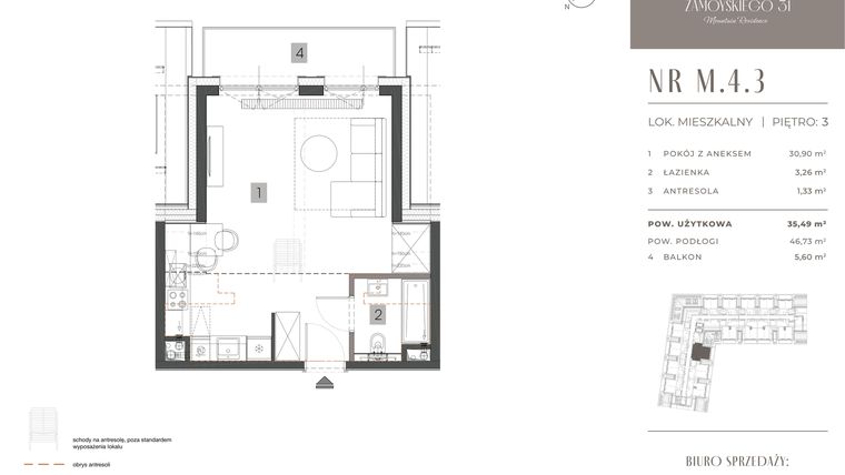 Rzut - Mieszkanie na sprzedaż 1 pokój o powierzchni 35,49 m² - numer M.4.3 w Zamoyskiego 31