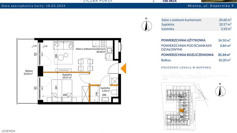 Rzut - Mieszkanie na sprzedaż 2 pokoje o powierzchni 35,34 m² - numer 1.04 w The Blue