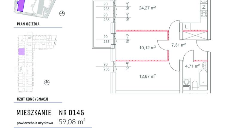 Rzut - Mieszkanie na sprzedaż 3 pokoje o powierzchni 59,08 m² - numer D145 w Osiedle Impresja 2
