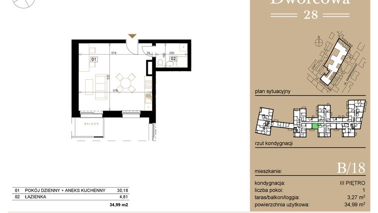 Rzut - Mieszkanie na sprzedaż 1 pokój o powierzchni 35,29 m² - numer B18 w Dworcowa 28