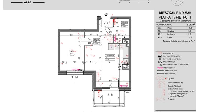 Rzut - Mieszkanie na sprzedaż 2 pokoje o powierzchni 37,6 m² - numer 39 w Antczaka 46
