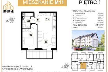 Rzut - Mieszkanie na sprzedaż 2 pokoje o powierzchni 38,42 m² - numer M11 w Osiedle Pod Książem