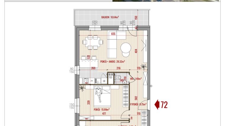 Rzut - Mieszkanie na sprzedaż 3 pokoje o powierzchni 72,98 m² - numer B1.72 w HUZAR B1