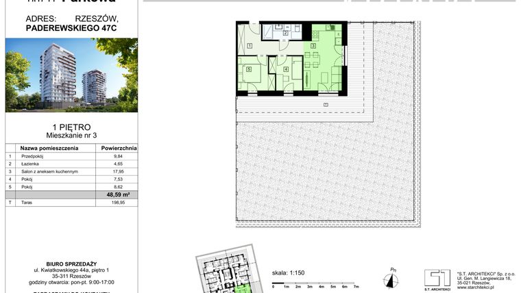 Rzut - Mieszkanie na sprzedaż 3 pokoje o powierzchni 48,59 m² - numer 3/B8 w Dzielnica Parkowa VIII