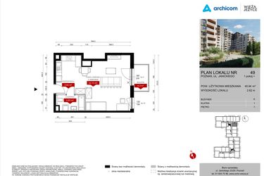 Rzut - Mieszkanie na sprzedaż 1 pokój o powierzchni 40,94 m² - numer K.49 w Wieża Jeżyce etap V