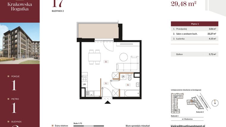 Rzut - Mieszkanie na sprzedaż 1 pokój o powierzchni 29,48 m² - numer 2.M17 w Krakowska Rogatka