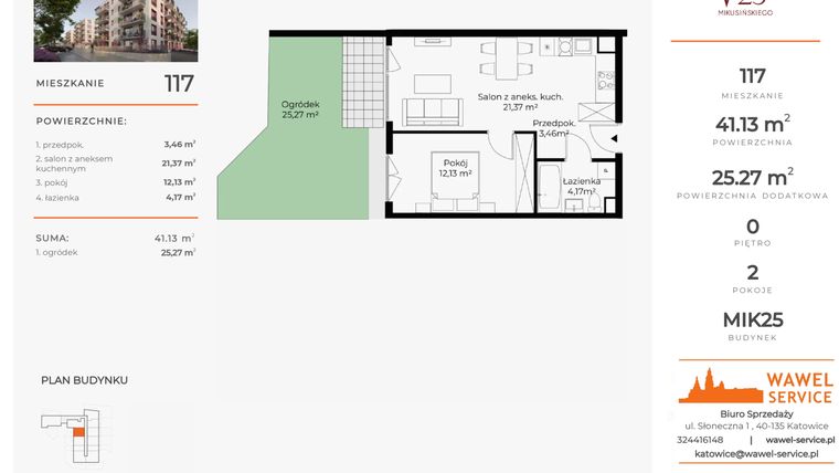 Rzut - Mieszkanie na sprzedaż 2 pokoje o powierzchni 41,13 m² - numer 117 w Mikusińskiego 25