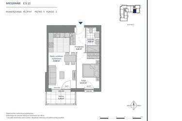 Rzut - Mieszkanie na sprzedaż 2 pokoje o powierzchni 43,34 m² - numer E.5.11 w Nowa Dąbrowa bud. DE
