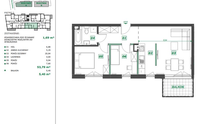Rzut - Mieszkanie na sprzedaż 3 pokoje o powierzchni 55,43 m² - numer A.2.4 w Apartamenty Pszczyńska