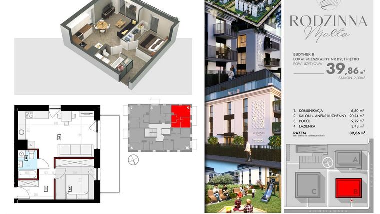 Rzut - Mieszkanie na sprzedaż 2 pokoje o powierzchni 39,86 m² - numer B9 w Rodzinna Malta