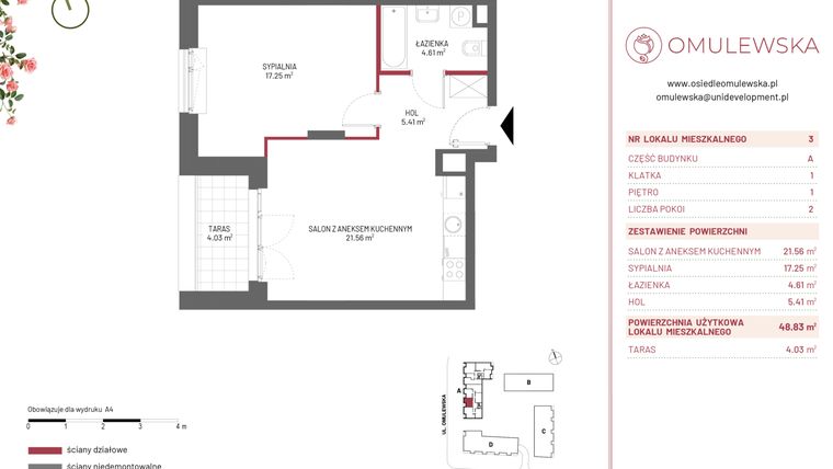 Rzut - Mieszkanie na sprzedaż 2 pokoje o powierzchni 48,83 m² - numer A/3 w Omulewska