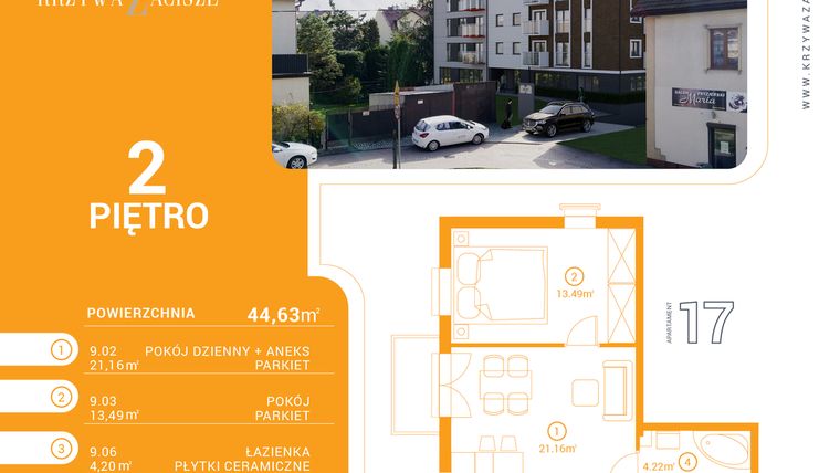 Rzut - Mieszkanie na sprzedaż 2 pokoje o powierzchni 44,63 m² - numer M17 w Krzywa Zacisze