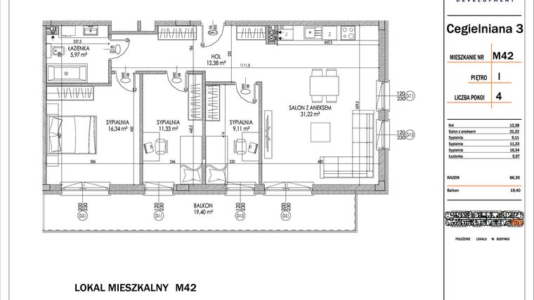 Rzut - Mieszkanie na sprzedaż 4 pokoje o powierzchni 86,35 m² - numer 42 w Osiedle StaLove etap I