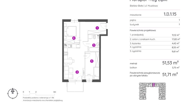 Rzut - Mieszkanie na sprzedaż 3 pokoje o powierzchni 51,71 m² - numer 1.B.1.15 w Murapol Trzy Lipki