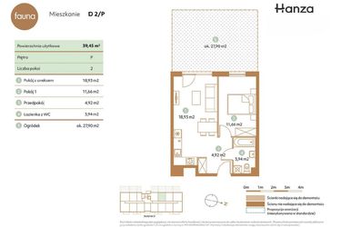 Rzut - Mieszkanie na sprzedaż 2 pokoje o powierzchni 39,45 m² - numer D2-P w Fauna
