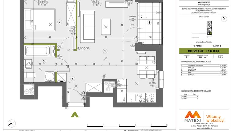 Rzut - Mieszkanie na sprzedaż 2 pokoje o powierzchni 43,81 m² - numer F1.C.10.01 w XYZ Place