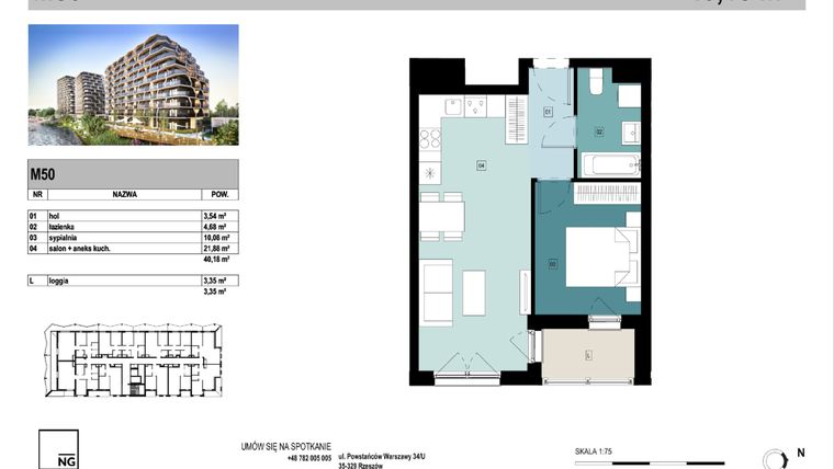 Rzut - Mieszkanie na sprzedaż 2 pokoje o powierzchni 39,99 m² - numer E50 w Panorama Kwiatkowskiego