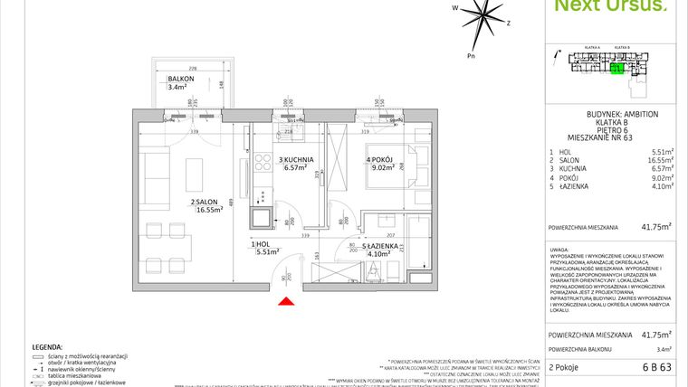 Rzut - Mieszkanie na sprzedaż 2 pokoje o powierzchni 41,75 m² - numer AM/6 B 63 w Next Ursus