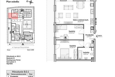 Rzut - Mieszkanie na sprzedaż 3 pokoje o powierzchni 70,12 m² - numer B.0.1 w Nowa Fregata
