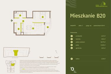 Rzut - Mieszkanie na sprzedaż 2 pokoje o powierzchni 47,39 m² - numer B20 w Osiedle Imbramowskie