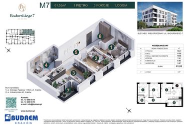 Rzut - Mieszkanie na sprzedaż 3 pokoje o powierzchni 61,53 m² - numer 7 w Badurskiego 7
