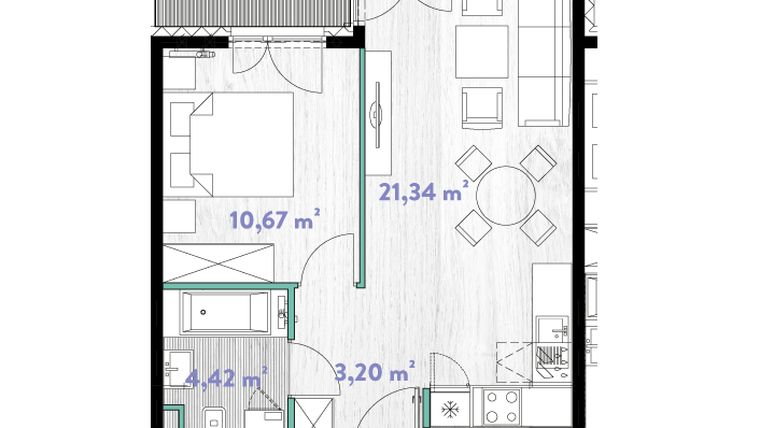 Rzut - Mieszkanie na sprzedaż 2 pokoje o powierzchni 39,81 m² - numer A.03.02 w Do Wilgi