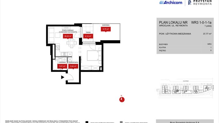 Rzut - Mieszkanie na sprzedaż 1 pokój o powierzchni 37,77 m² - numer WR3 1/0/1/1a w Przystań Reymonta etap II