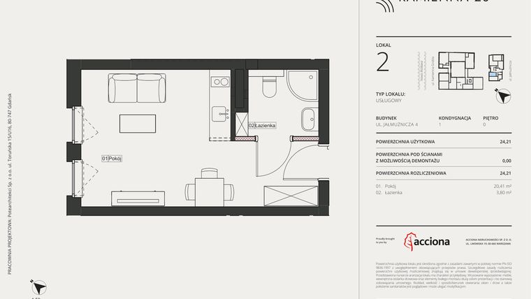 Rzut - Mieszkanie na sprzedaż 1 pokój o powierzchni 24,21 m² - numer 4.2 w Kamienna 28 - apartamenty inwestycyjne