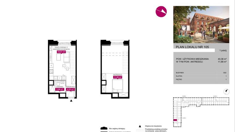 Rzut - Mieszkanie na sprzedaż 1 pokój o powierzchni 40,38 m² - numer G2.105 w Fuzja Lofty