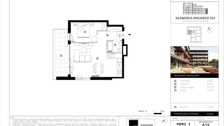 Rzut - Mieszkanie na sprzedaż 2 pokoje o powierzchni 46,54 m² - numer A/16 w Kazimierza Wielkiego 42A