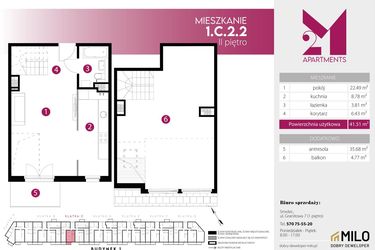 Rzut - Mieszkanie na sprzedaż 2 pokoje o powierzchni 77,19 m² - numer 1.C.2.2 w 2M Apartments etap IV