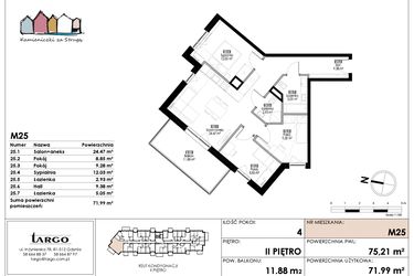 Rzut - Mieszkanie na sprzedaż 4 pokoje o powierzchni 71,99 m² - numer M25 w Kamieniczki za Strugą