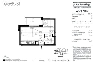 Rzut - Mieszkanie na sprzedaż 1 pokój o powierzchni 28,85 m² - numer A53 w Wróblewskiego