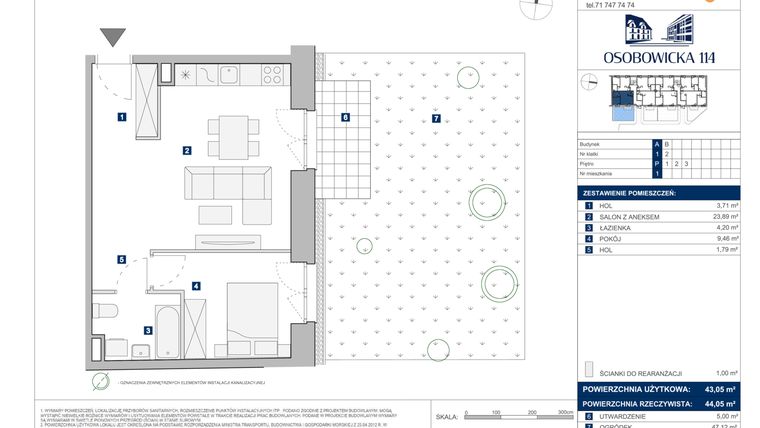 Rzut - Mieszkanie na sprzedaż 2 pokoje o powierzchni 43,05 m² - numer A.1 w Osobowicka 114
