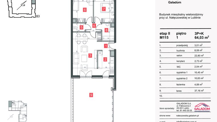 Rzut - Mieszkanie na sprzedaż 3 pokoje o powierzchni 64,03 m² - numer M-115 w Nałęczowska etap II