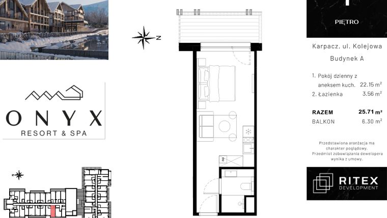 Rzut - Mieszkanie na sprzedaż 1 pokój o powierzchni 25,83 m² - numer NR 01.A2 w Onyx Resort & Spa