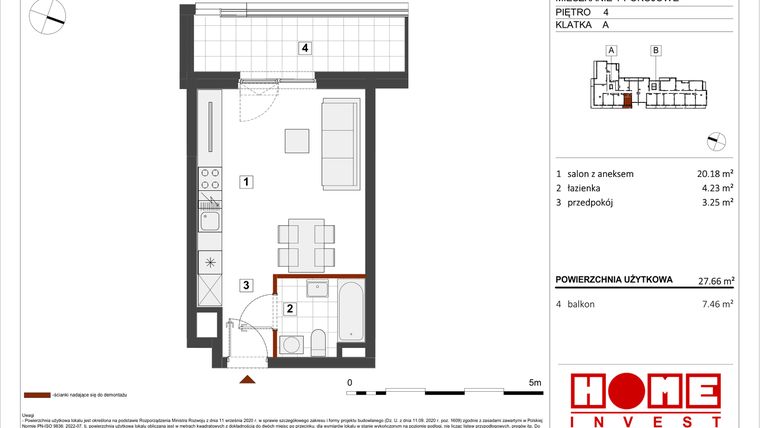 Rzut - Mieszkanie na sprzedaż 1 pokój o powierzchni 27,66 m² - numer B1-A028 w Warszawski Świt etap VIII