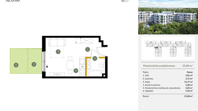 Rzut - Mieszkanie na sprzedaż 1 pokój o powierzchni 25,08 m² - numer S2.0.08 w Ogrody Julianów