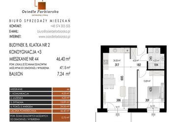 Rzut - Mieszkanie na sprzedaż 2 pokoje o powierzchni 46,4 m² - numer 44B w Osiedle Farbiarska II
