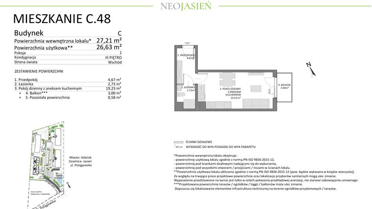 Rzut - Mieszkanie na sprzedaż 1 pokój o powierzchni 26,63 m² - numer C48 w Neo Jasień etap II