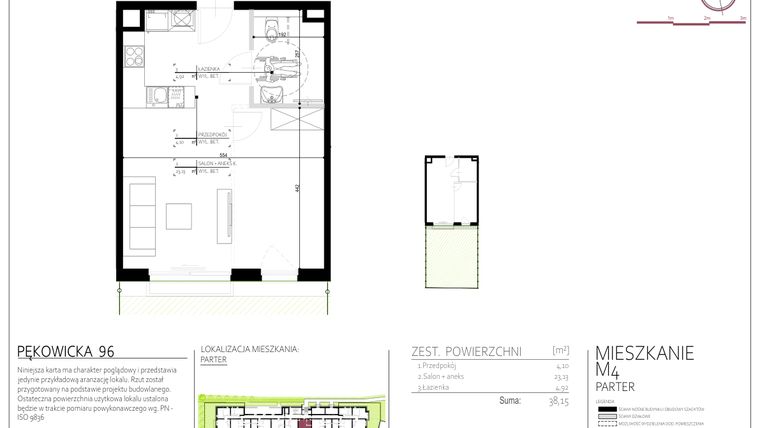 Rzut - Mieszkanie na sprzedaż 1 pokój o powierzchni 38,15 m² - numer 4 w Pękowicka 96