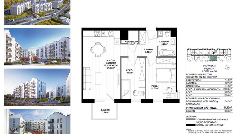 Rzut - Mieszkanie na sprzedaż 3 pokoje o powierzchni 64,1 m² - numer A.4.56 w Skandinavia