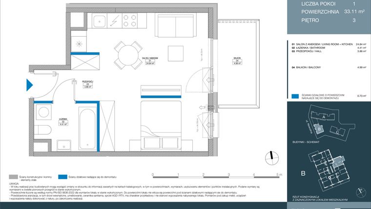 Rzut - Mieszkanie na sprzedaż 1 pokój o powierzchni 33,11 m² - numer B.1.4.1 w Meri Apartamenty