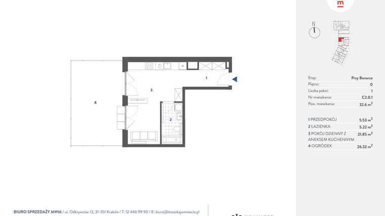 Rzut - Mieszkanie na sprzedaż 1 pokój o powierzchni 32,69 m² - numer C2.0.1 w Mieszkaj w mieście - przy Bonarce
