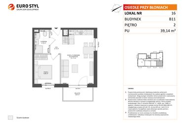Rzut - Mieszkanie na sprzedaż 2 pokoje o powierzchni 39,14 m² - numer B11.16 w Osiedle Przy Błoniach 3 etap IV
