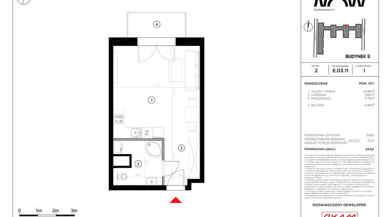 Rzut - Mieszkanie na sprzedaż 1 pokój o powierzchni 34,61 m² - numer E.03.11 w NOW